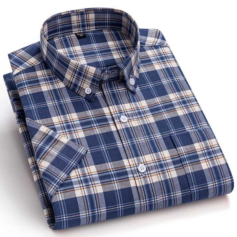 100Pure Cotton Oxford Mens Shirts Short Sleeve Plaid Soft Regular Fit Formal Dress Shirt Social Blouse Male Clothes 6XL 7XL X250903