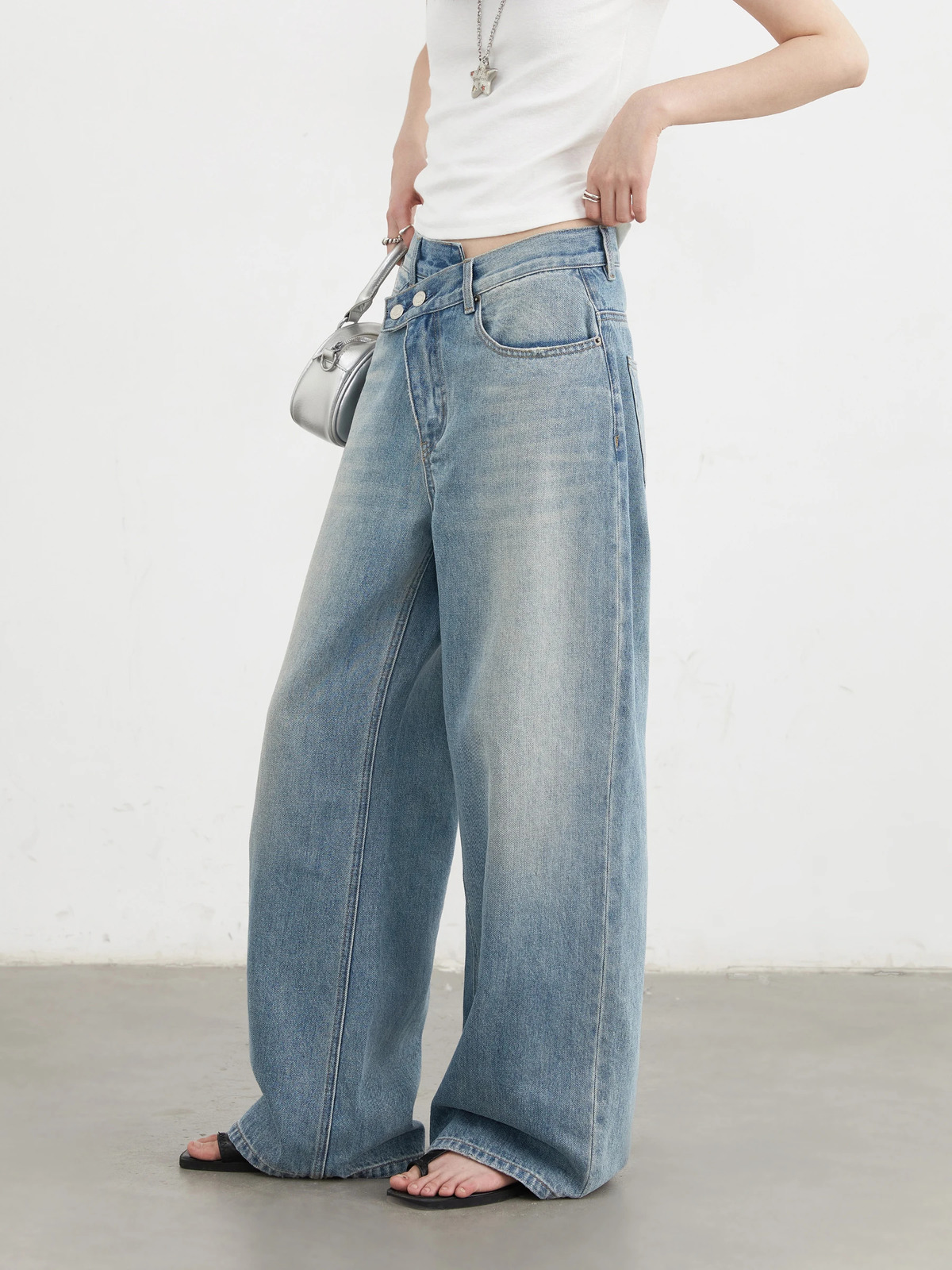 CHIC VEN Women Jeans Irregular Waist n Retro Blue High Waisted Wide Leg Trousers Female Denim Pant Spring Autumn 2025 250823