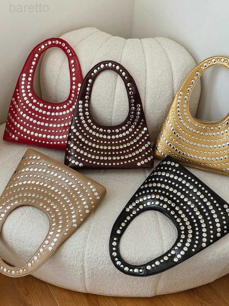 Y2k Crescent Hobo Bag Women 90s Trendy Studded Shoulder Satchels Crossbody Purse PU Leather Punk Underarm Tote Handbag M250903