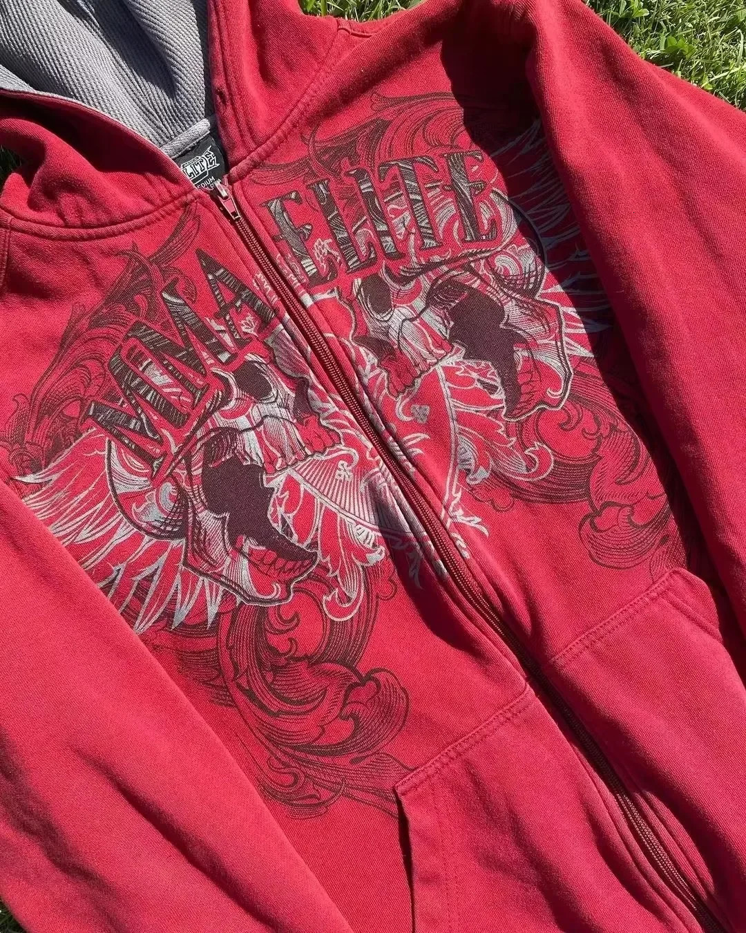 2000s Cotton Red Couple Zipper Hoodies Vintage Elite Full Zip Hoodie Sweatshirt Size Skull Snake Red Y2K Sweatshirts 250903