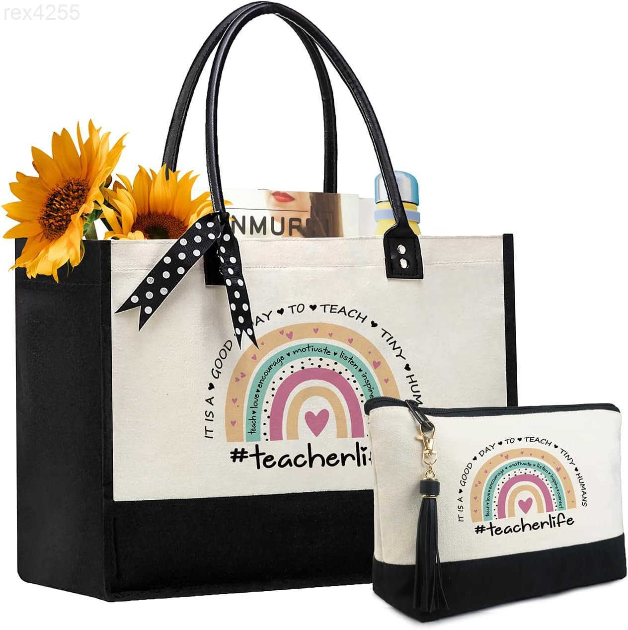 Birthday Gifts Personalized Womens Large White and Black Canvas Tote Bag Embroidered Initials Leather Handle Zipper ClosureW250903