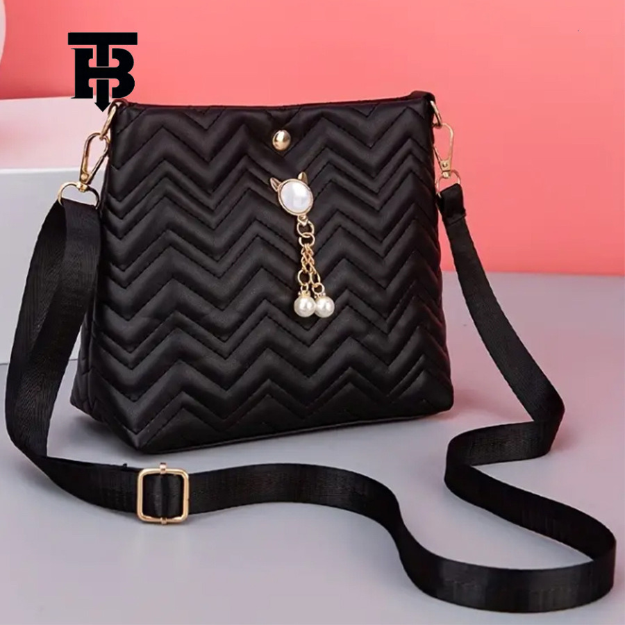 TB BHULAMTE Designer Korean-style Fashionable Wave-striped Quilted Cat Pearl Pendant Decorated Simple Women's Crossbody Bag