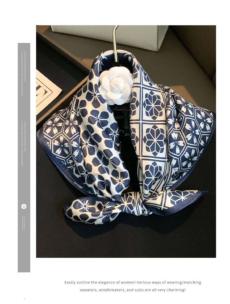 100 Mulberry Silk Blue Sakura Checkered Scarf Square Bandana Neckerchief Womens Headscarf Decorative Bag Scarf 250902
