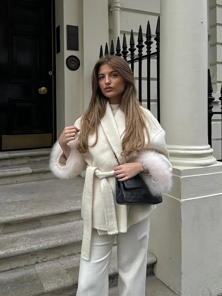 Elegant Lace Up Woolen Short Coat Solid Loose Lapel Furry Belt Long Sleeve Female Jacket 2025 Autumn Winter Lady Chic Cardigan 250903