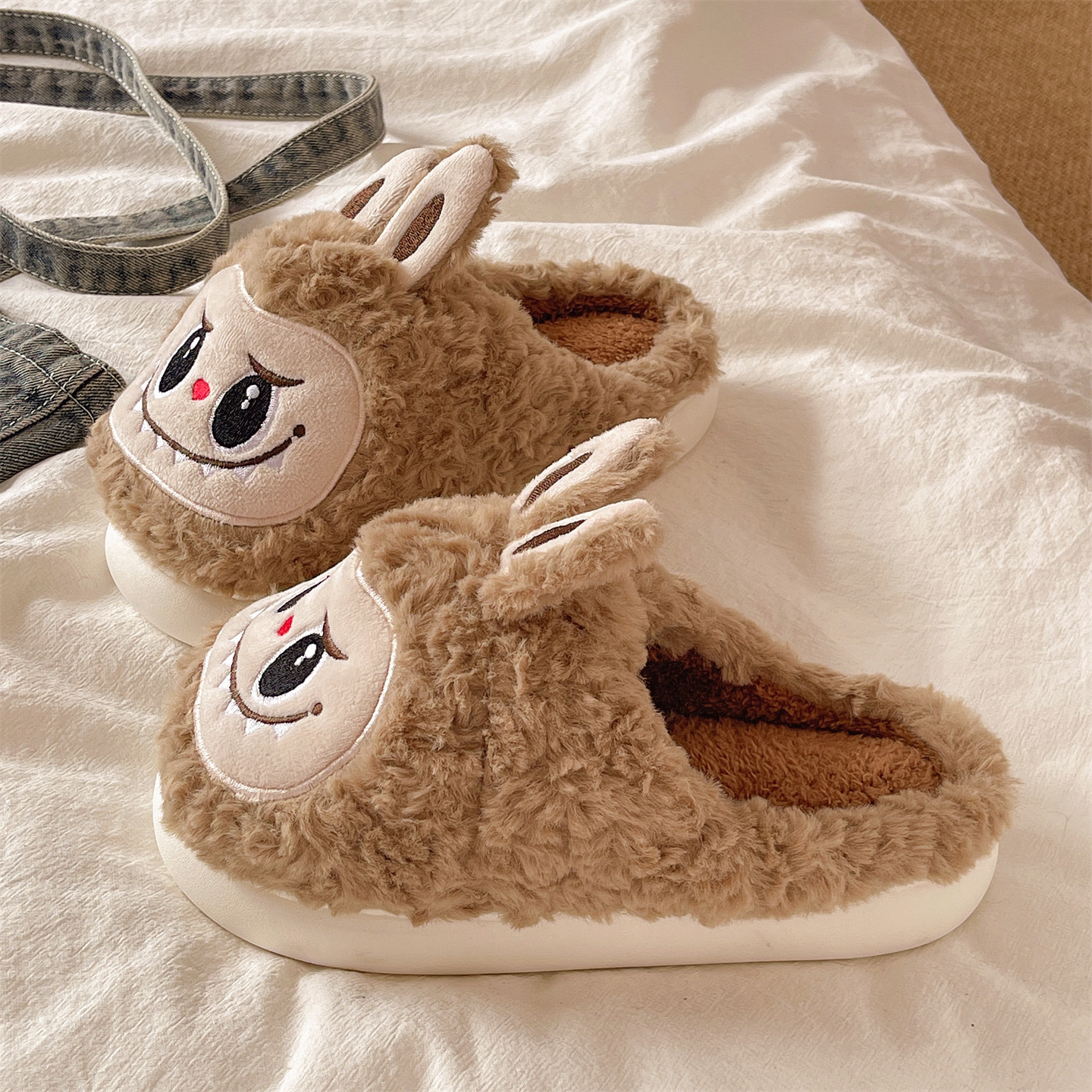 Free Shipping Cute funny rabbit fur slippers for women's indoor home with plush insulation thick bottom anti slip cotton slippers with toe caps