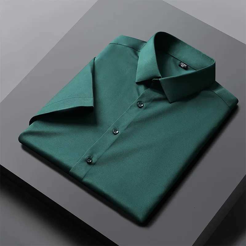 summer elastic thin short sleeve shirts for men slim fit formal plain shirt soft office black white clothes wrinkle free tops X250903