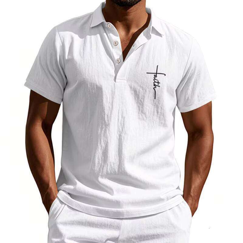Men's Summer Comfortable Casual Short Sleeve Polo Shirt Breathable Knitted Fabric Turn-down Collar Button Printed Design