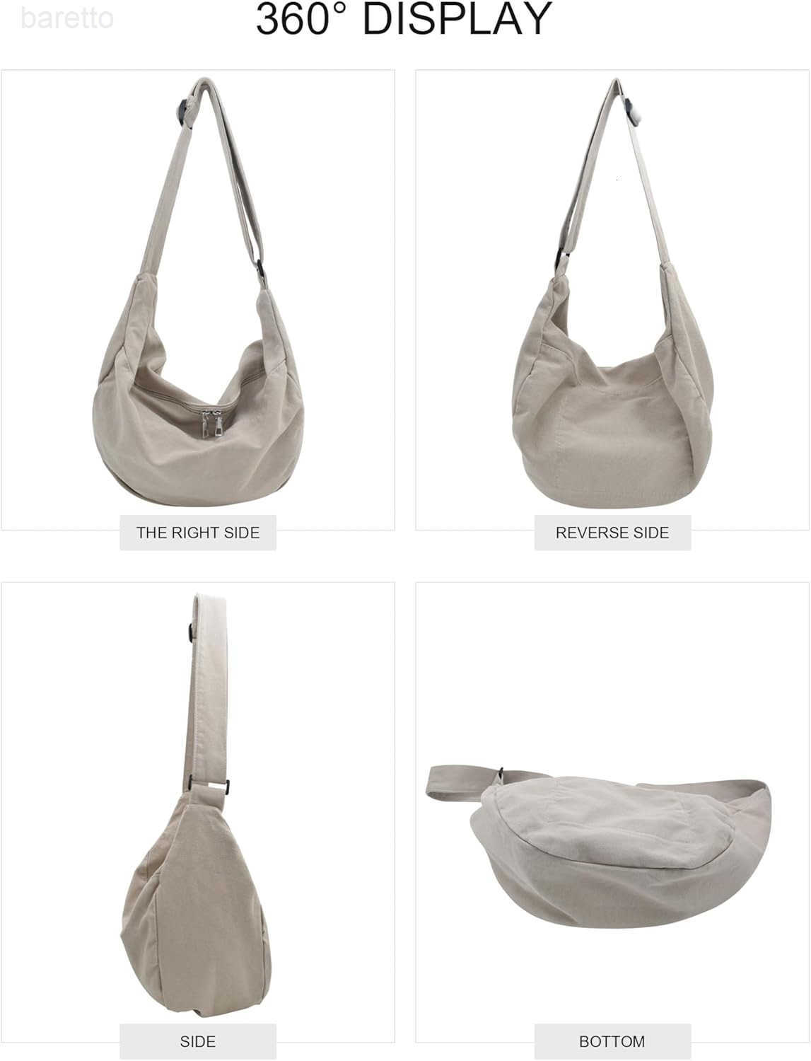 Canvas Tote Bag Hobo Crossbody Bag Fashion Crescent Bag with Zipper Pockets for Shopping Travel for Women and Men Black M250903