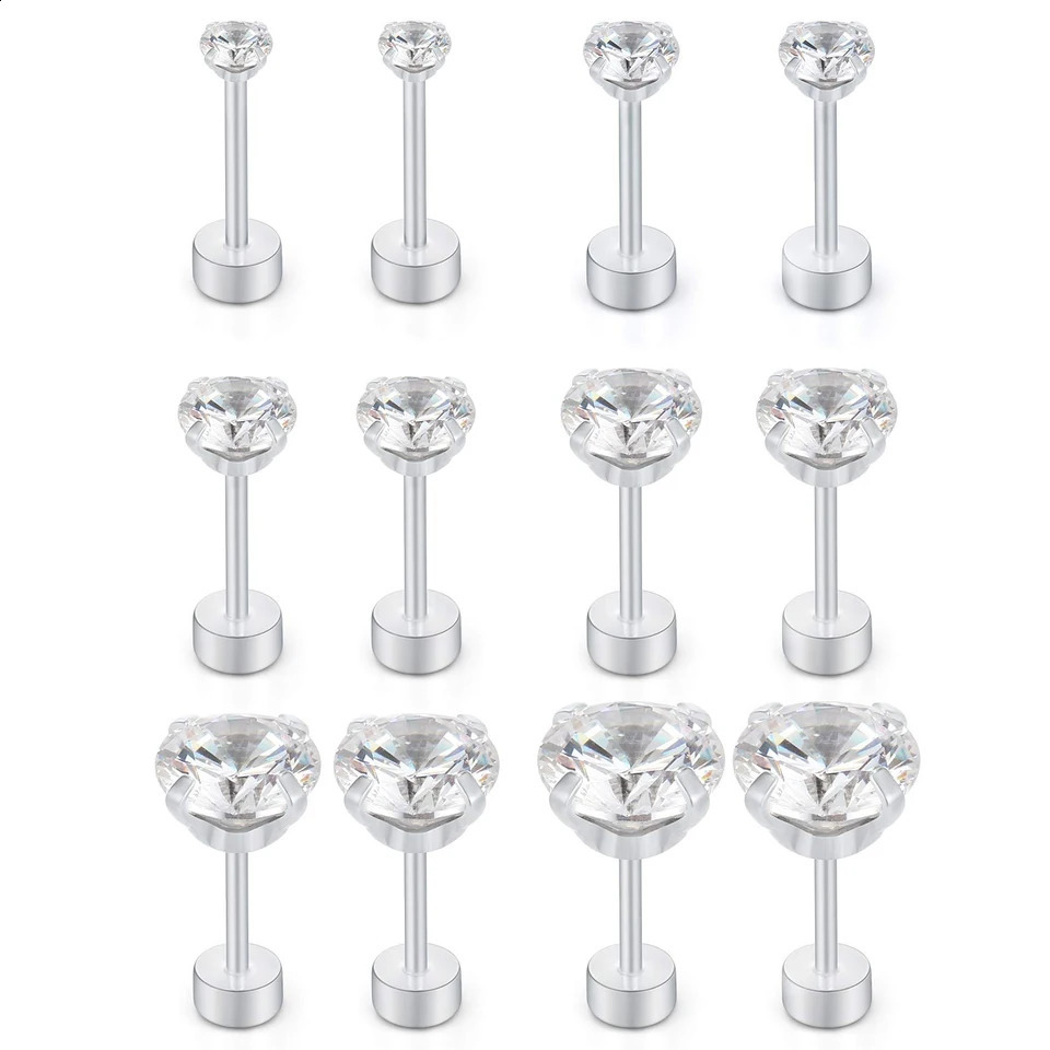 1 Pair Stainless Steel Tragus Stud Earrings for Women Men Round Cubic Zirconia Flat Back Screw Back Ear Piercing 28MM Jewelry 250903