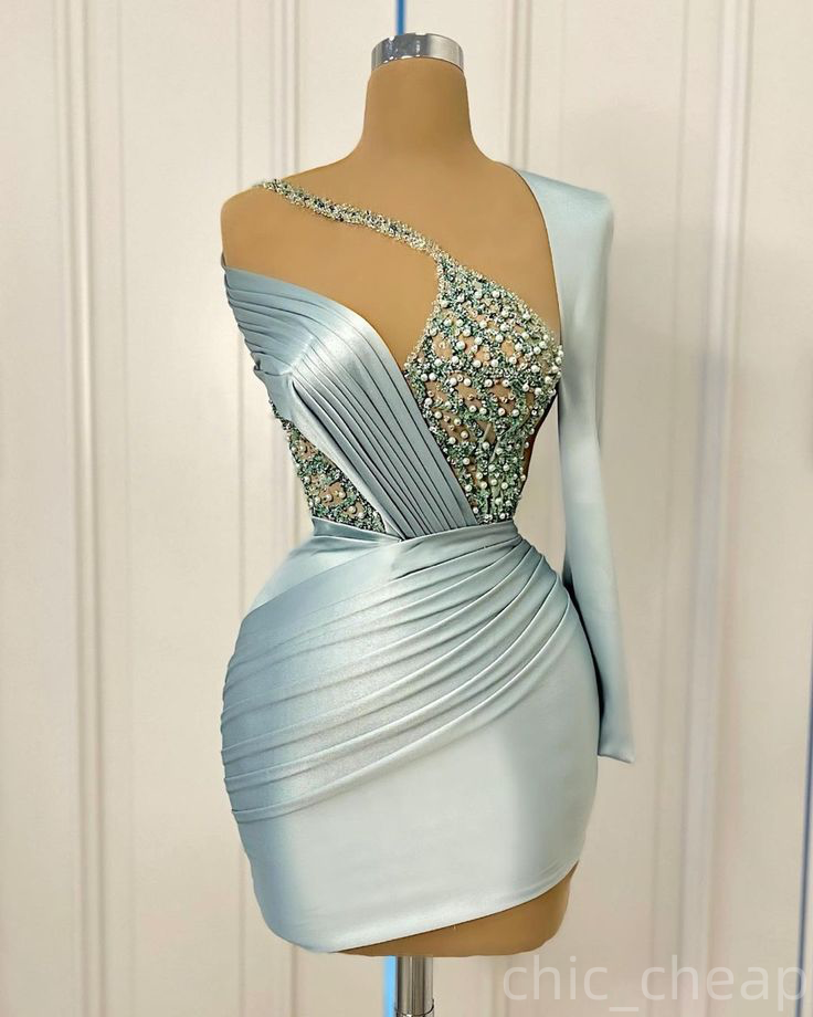 Chic Light Sky Blue Sheath Cocktail Dress Satin Pearls Sequined Short Mini Graduation Homecoming Dresses For Special Occasions Sweetheart Gowns