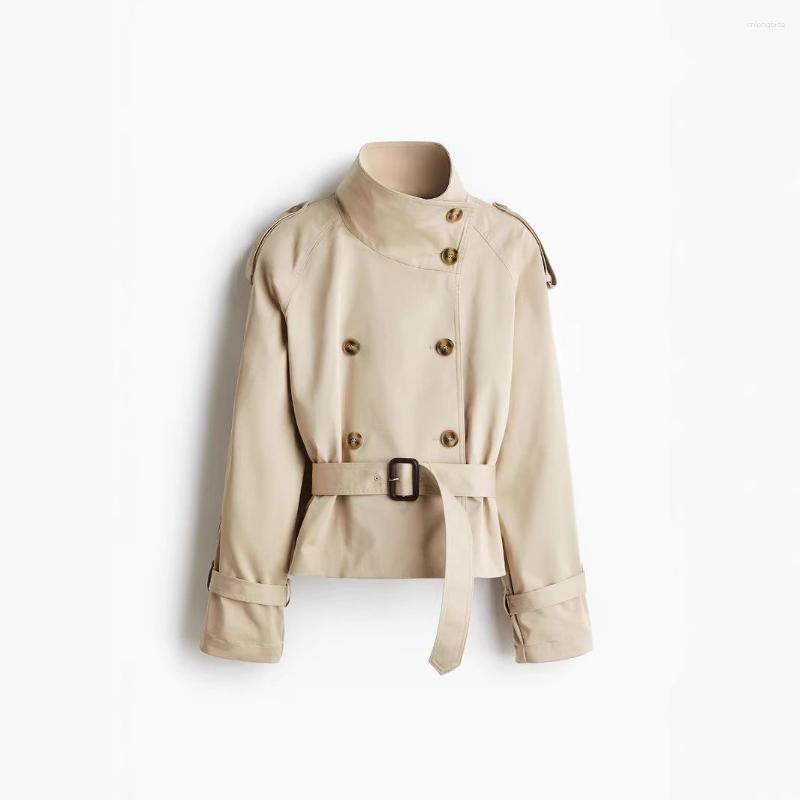 Women Cropped Trench Coat Stand Collar Double Breasted Belte - view 6