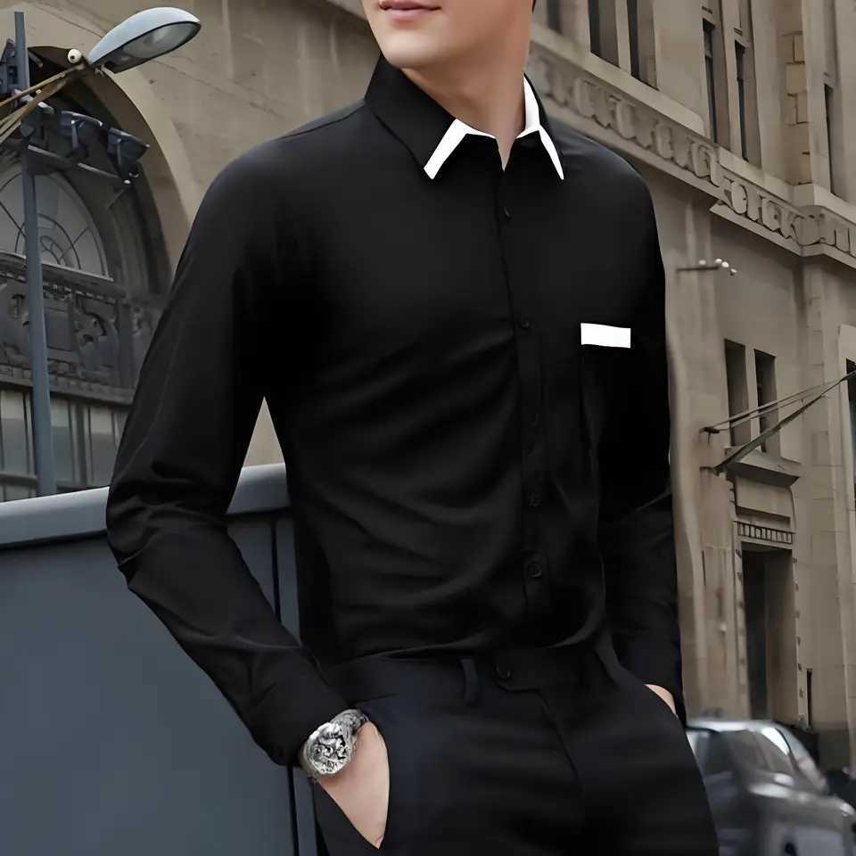 Spring and autumn mens personalized fashion contrast color with pocket long sleeve lapel shirt versatile mens cardigan X250903