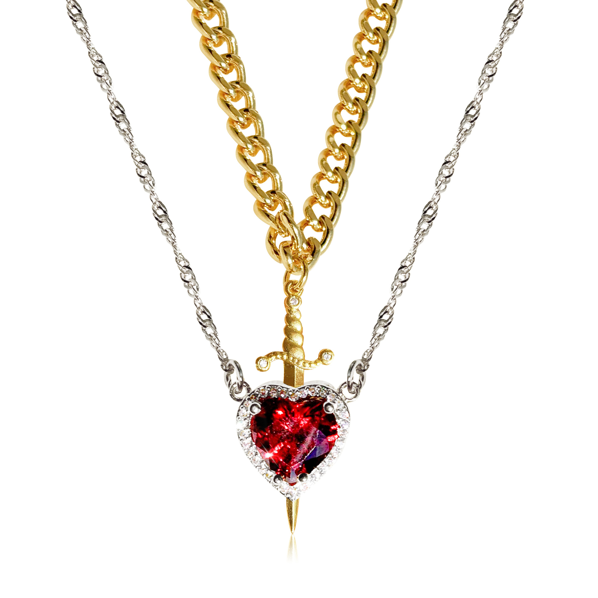 New Stylish and Versatile Heart and Sword Necklace Set Copper Zircon Inlaid One Arrow Through Heart Couples Necklace