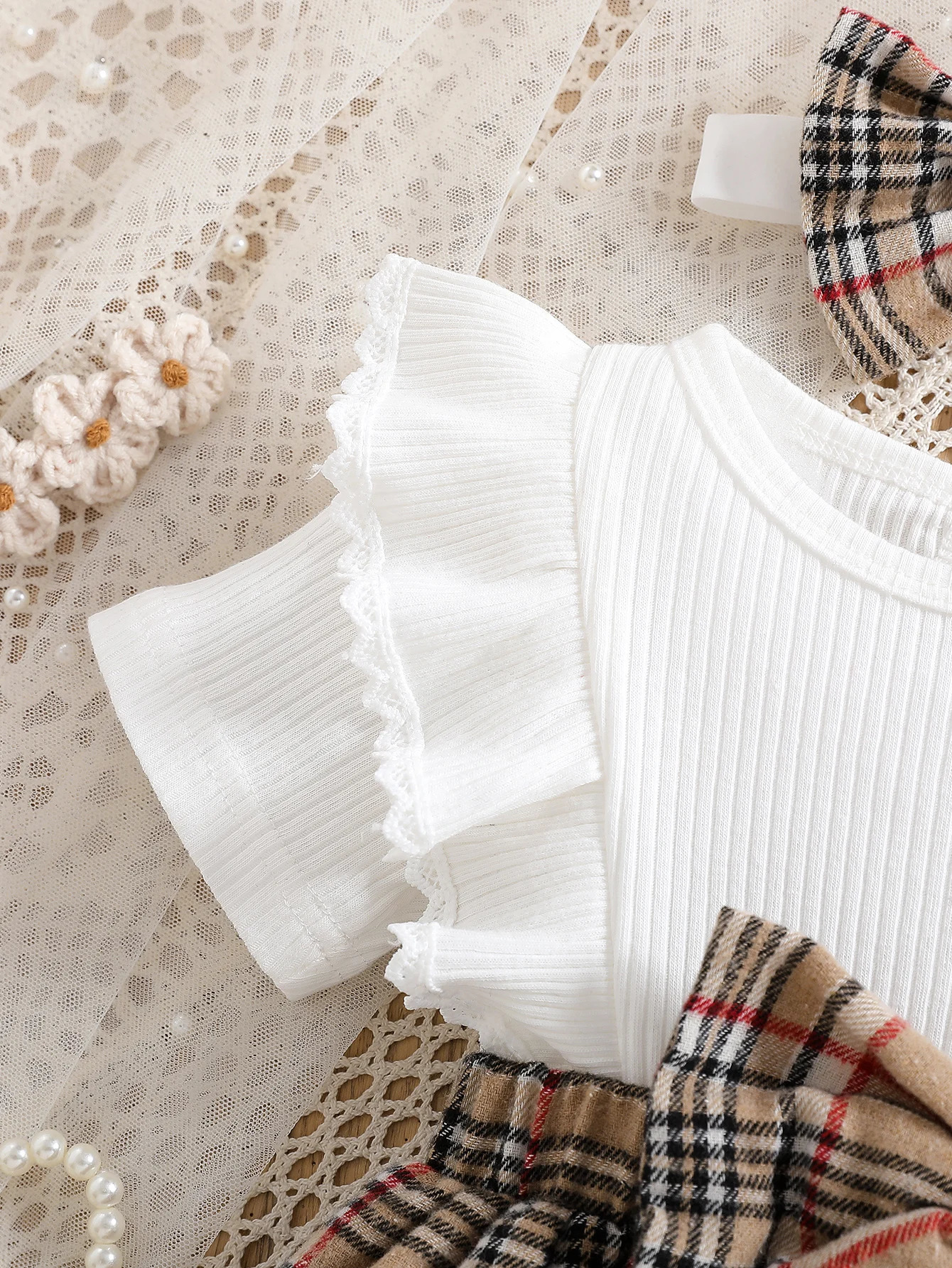 Baby Girl Summer Fashion Cute Casual Round Neck Ruffle Lace Decoration Short Sleeved Waist Large Bow Plaid Splicing 250902