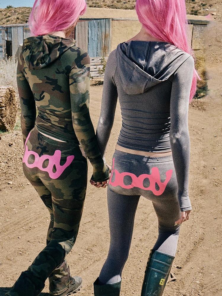 BODY Women's Two Piece Pants Weird Puss Letter Print 2 Set Women Tracksuit Hooded Jacket Leggings Matching Stretch Streetwear Casual Sporty