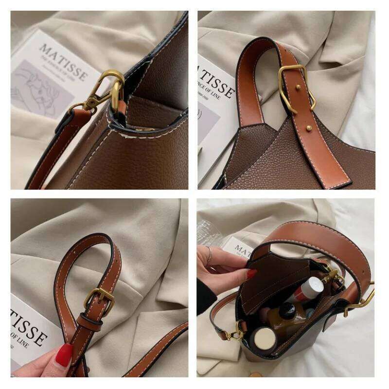 Vintage Contrast Color Portable Bucket Vegetable Basket Simple Casual Shoulder Crossbody Bag For Women