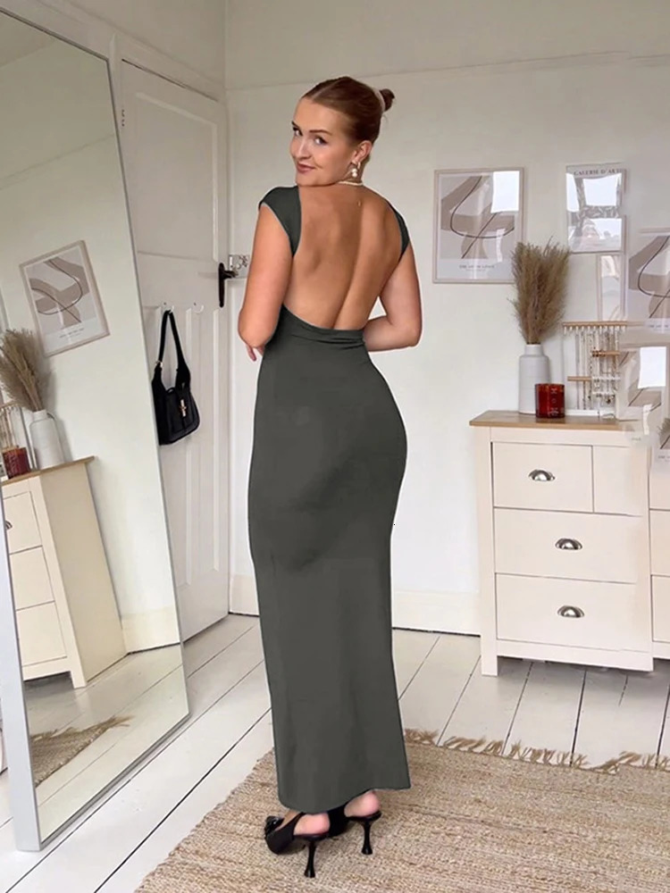 Korean Solid Sexy Backless Maxi Dres Elegant Elastic Slim Short Sleeve Long dresses Female Bodycon Streetwear Clothing 250903