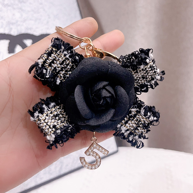 French Classic Black White Bag Charm Camellia Fabric Car Gift Ornament Bow Pearl Chain Keychain