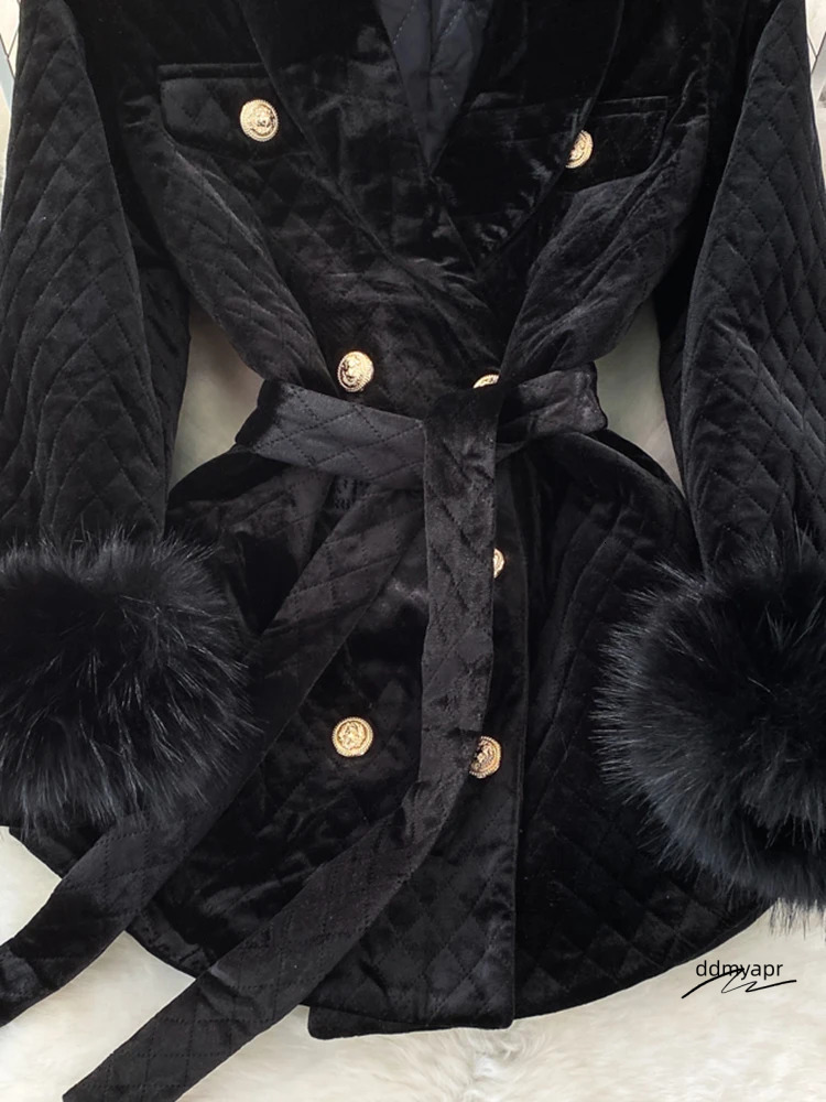 Lanjia- XFPV Womens Veet Feather Lace Korean Double Chest Jacket With Collar And Long ddmyaug Sleeve Warm Coat Winter 2024 Sm9917 241111 Af866