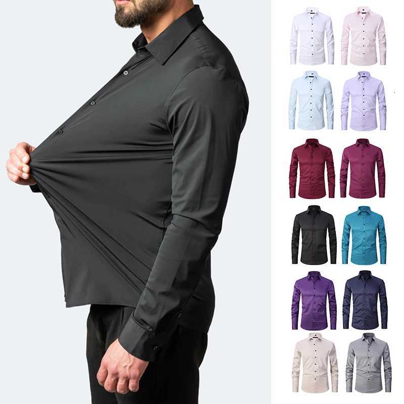 Plus Size 7XL 6XL High Elasticity Seamless Spandex Shirt Men Long Sleeve Slim Fit Casual Solid Color Social Formal Dress Shirts X250903
