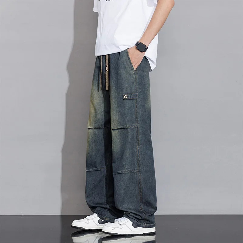 2025 Spring Summer Vintage Washed Cotton Jeans for Men Clothing Drawstring Straight Pants 250823Z