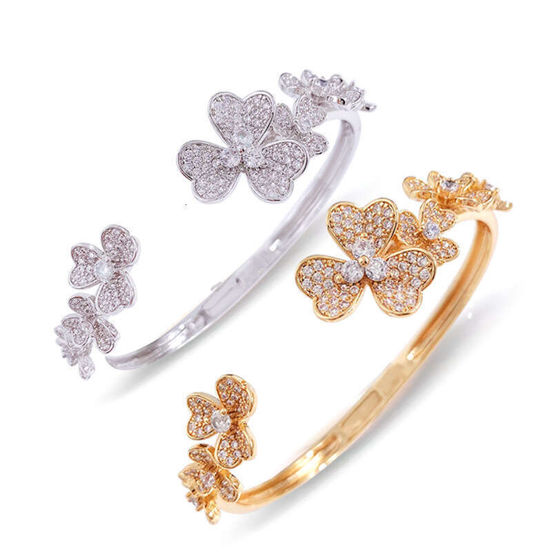 2025 European-American Style Clover Bracelet, Full-Diamond 7-Flower Design, Adjustable Open Bangle, Ins Trendy Jewelry, FK806350348 (Platinum/Gold/Ros