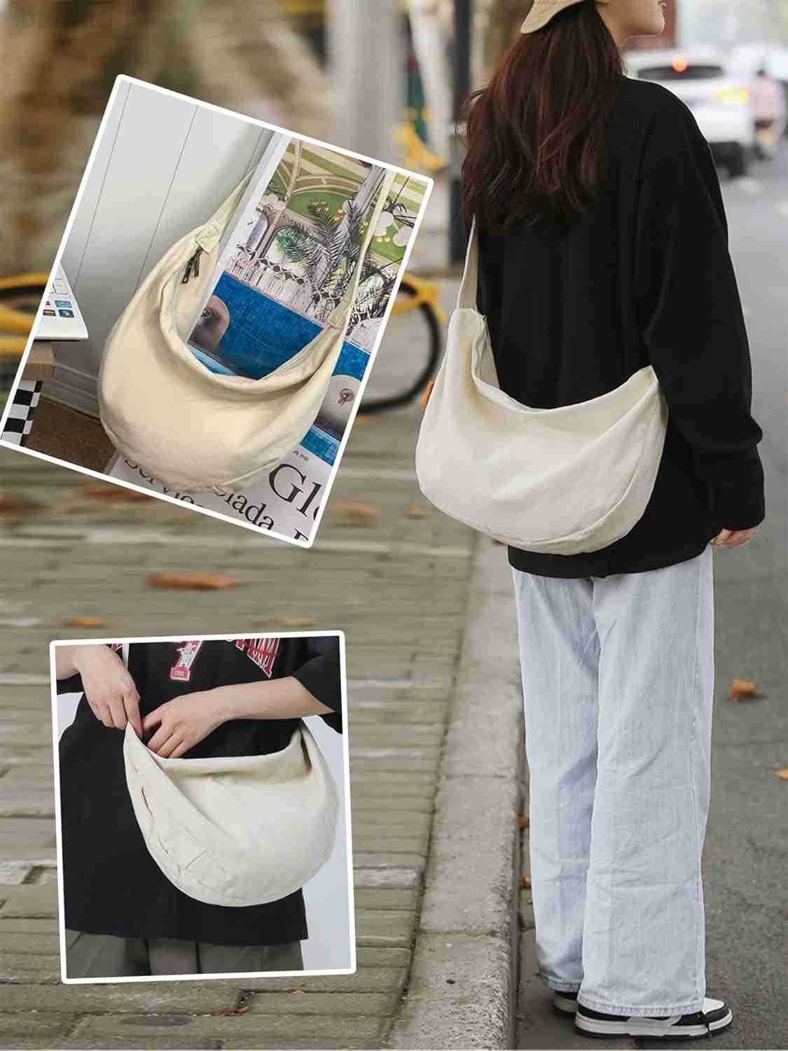 Canvas Tote Bag Hobo Crossbody Bag Fashion Crescent Bag with Zipper Pockets for Shopping Travel for Women and Men Black M250903