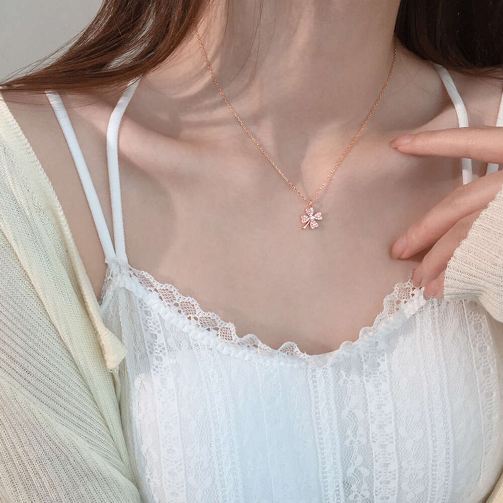 DHpet 2025 Clover Element Necklace for Women, Korean Style Dainty Collarbone Chain, Sparkling Diamond Pendant, 21-50cm Cross Chain, Zhenlu XL062 (Rose