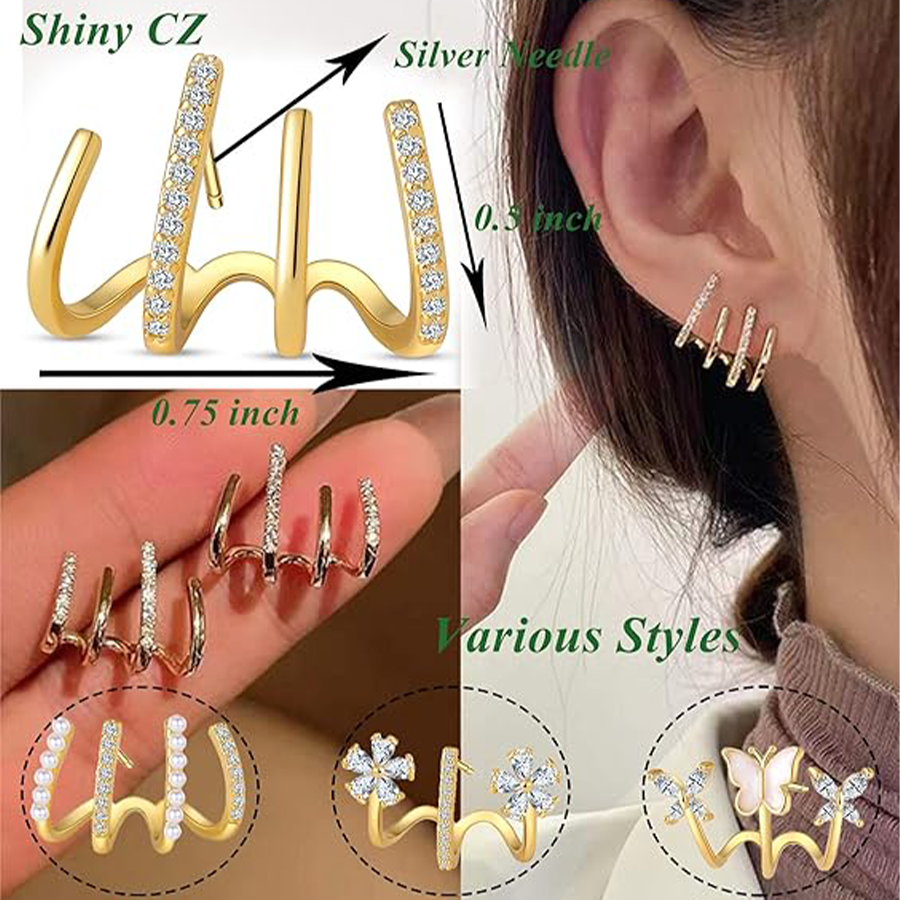 4 Pairs Claw Ear Cuffs Zircon Pierced Needle Stud Earrings Minimalist Ear Wrap Butterfly Pearl Piercing Claw Earrings for Women Gold Tone