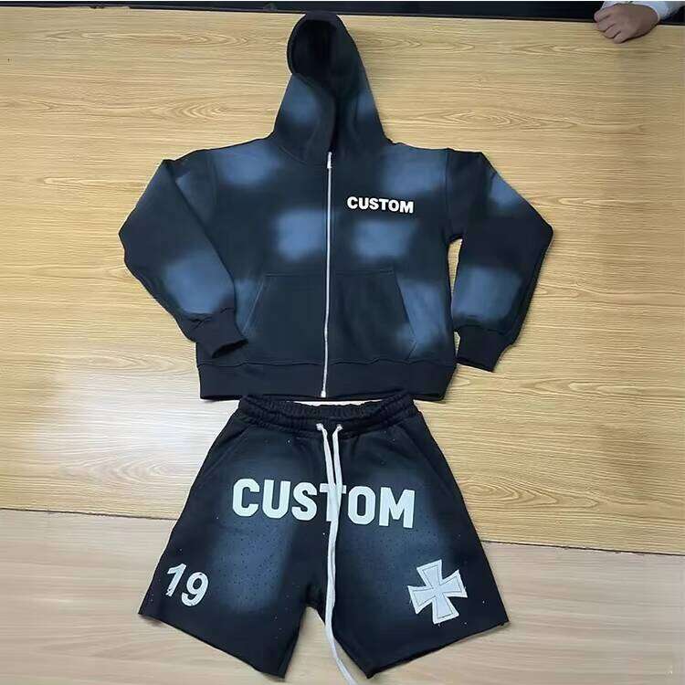 Acid Wash Zipper Rhinestone Shorts Tracksuit Set Oversized Hoodie Heavyweight Loose Sweatpants Factory