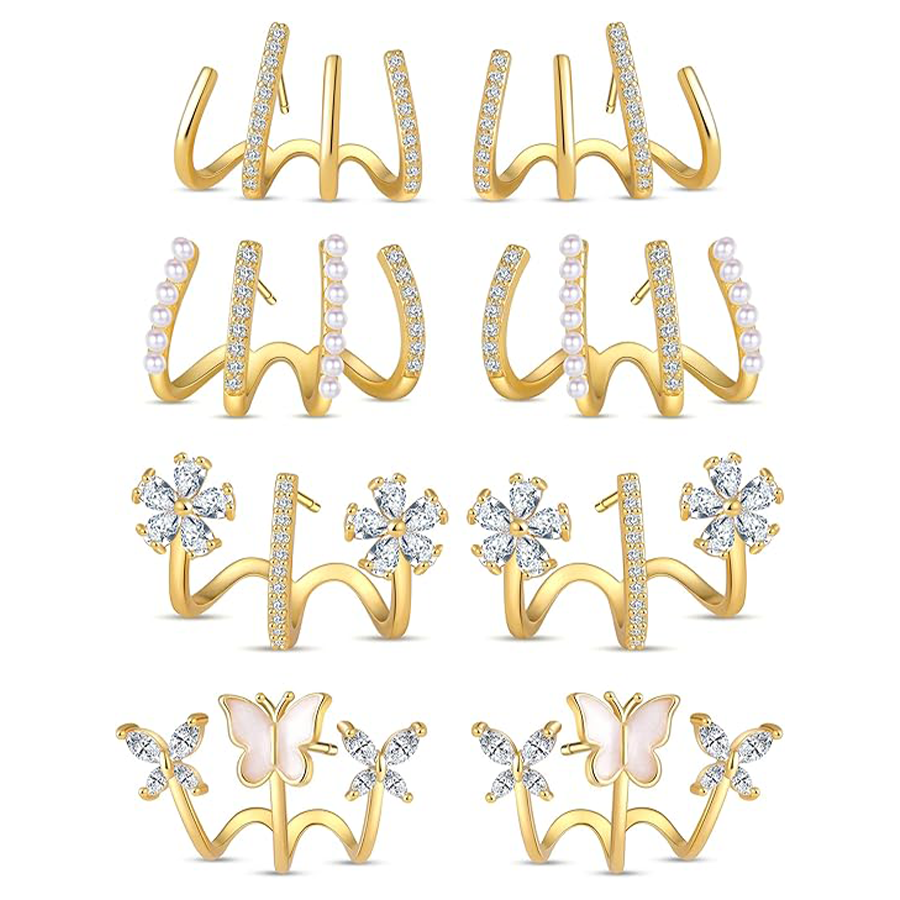 4 Pairs Claw Ear Cuffs Zircon Pierced Needle Stud Earrings Minimalist Ear Wrap Butterfly Pearl Piercing Claw Earrings for Women Gold Tone