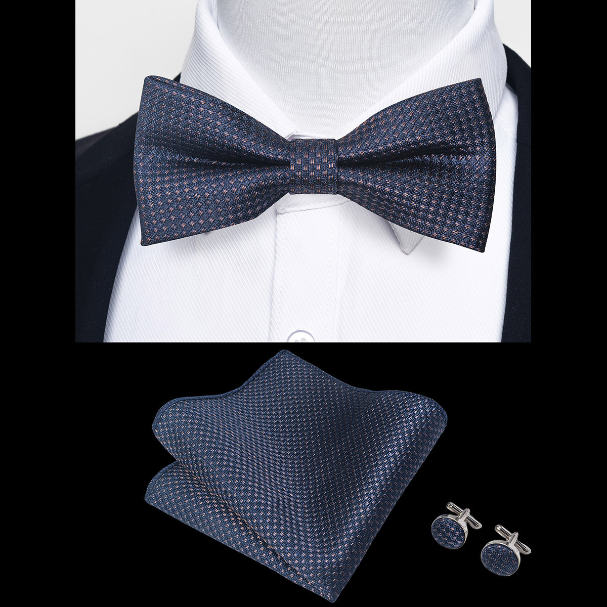 Hi-Tie Classic Black Bow Ties for Men 100% Silk Pre-Tied Bow Tie Pocket SqUAre Cufflinks Suit Set Floral Gold Bowties 220506