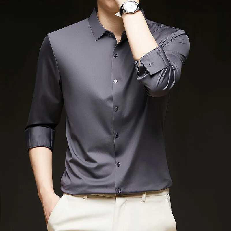 Mens 4Way Stretch Dress Shirt Solid Long Sleeve Formal Shirts Wedding Business Casual Button Down Shirts X250903