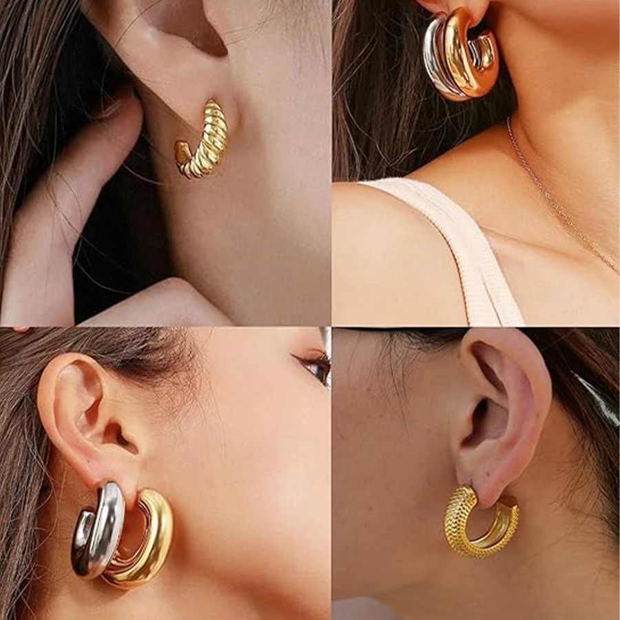 5 Pairs Chunky Hoops Earrings Thick Open Hoop Lightweight Hollow Earrings for Women Trendy Jewelry Silver Tone