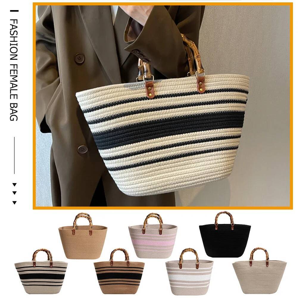 Luxury Handbag Cotton Woven Handbags Bamboo Handle Women Weaving Bag Large Capacity Striped Portable Casual Fashion Exquisite For Seaside Party Handba