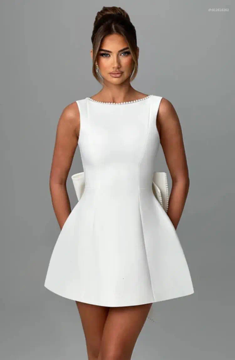 Casual Dresses Elegant Pearl Bow Backless Short Dress Women's Sleeveless Party Cute Mini Black Ddmycrazy White Pink Chic Birthday Evening Y2k