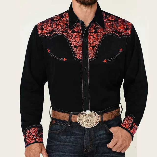 2025 New Mens Shirt Western Shirt Floral Print Lapel Street Long Sleeve Button Clothing Fashion Street Designer Western Style X250903
