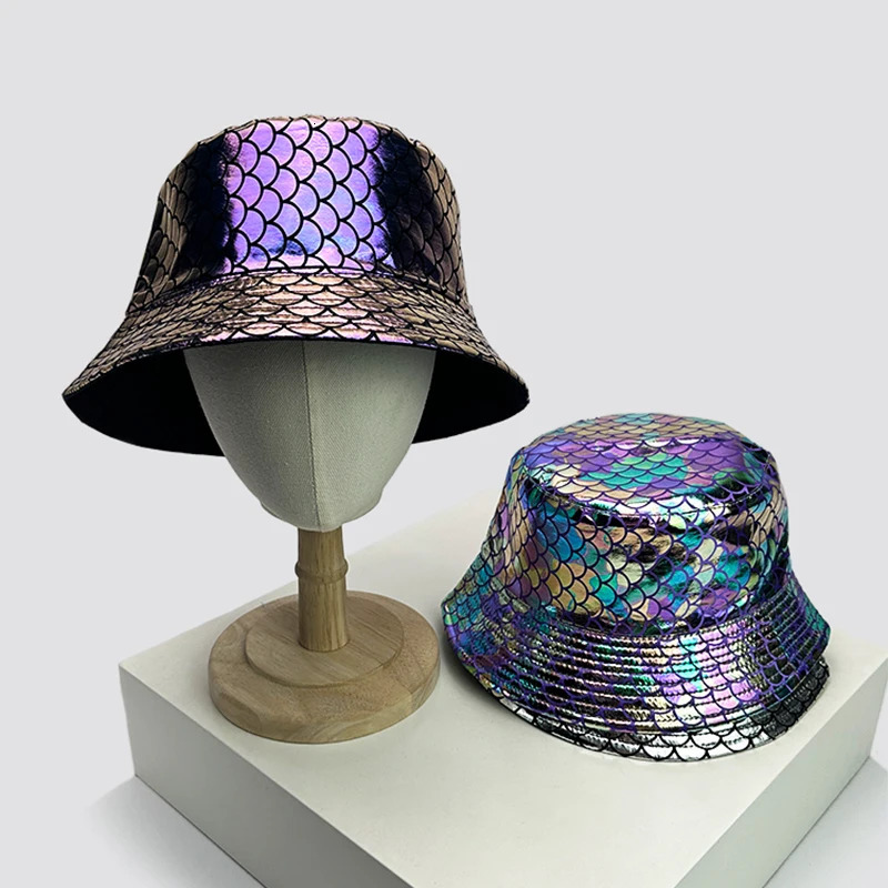 Shiny PU Leather Colorful Bucket Hats Sunshade Unisex Reflective Breathable Fisherman Caps Versatile Double Sided Fashion 250903