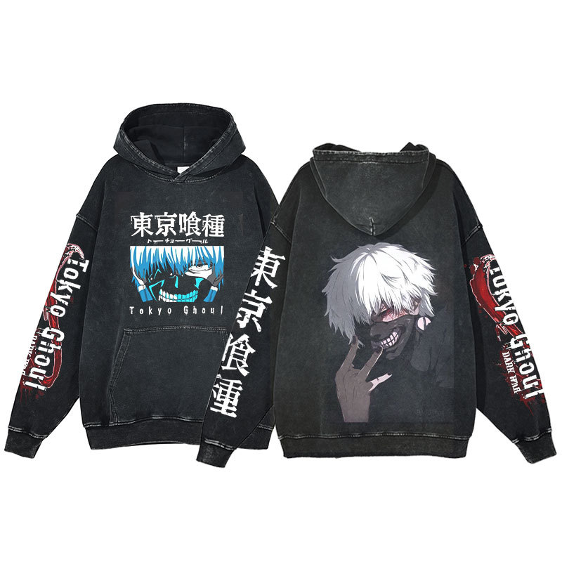 Anime Tokyo Ghoul Hoodie Ken Kaneki Print Harajuku Washed Hooded Sweatshirt Men's - VT2740