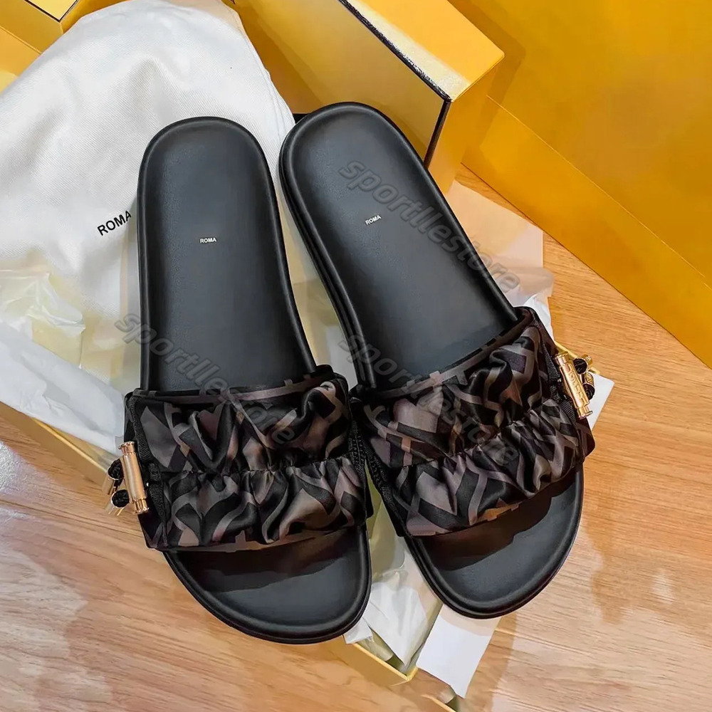 New womens Soft silk fabric Feclassic Beach Designer Summer Swimming pool slippers Fashion rubber Travel flat shoes 35-42