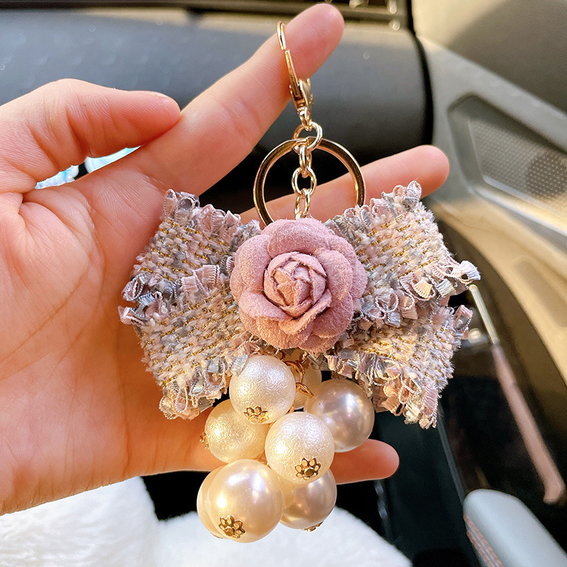 French Classic Black White Bag Charm Camellia Fabric Car Gift Ornament Bow Pearl Chain Keychain