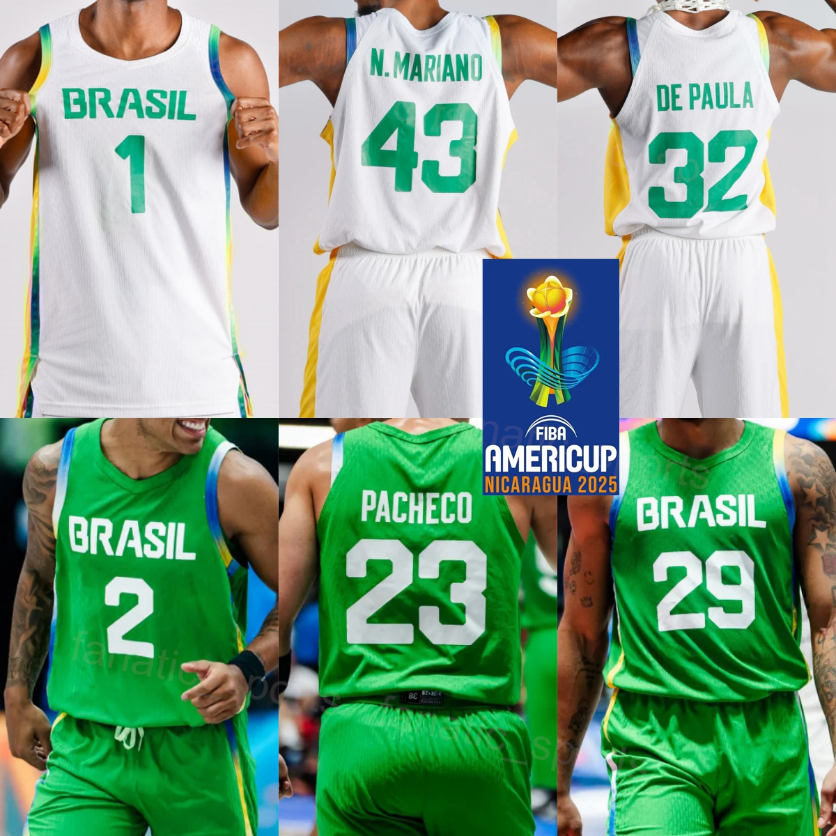 Printed AmeriCup Brasil Basketball Jerseys Brazil 32 Georginho de Paula 30 Ruan Miranda 8 Vitor Benite 23 Caio Pacheco 43 Nathan Fernandes 45 Joao Maozinha 2025-2026