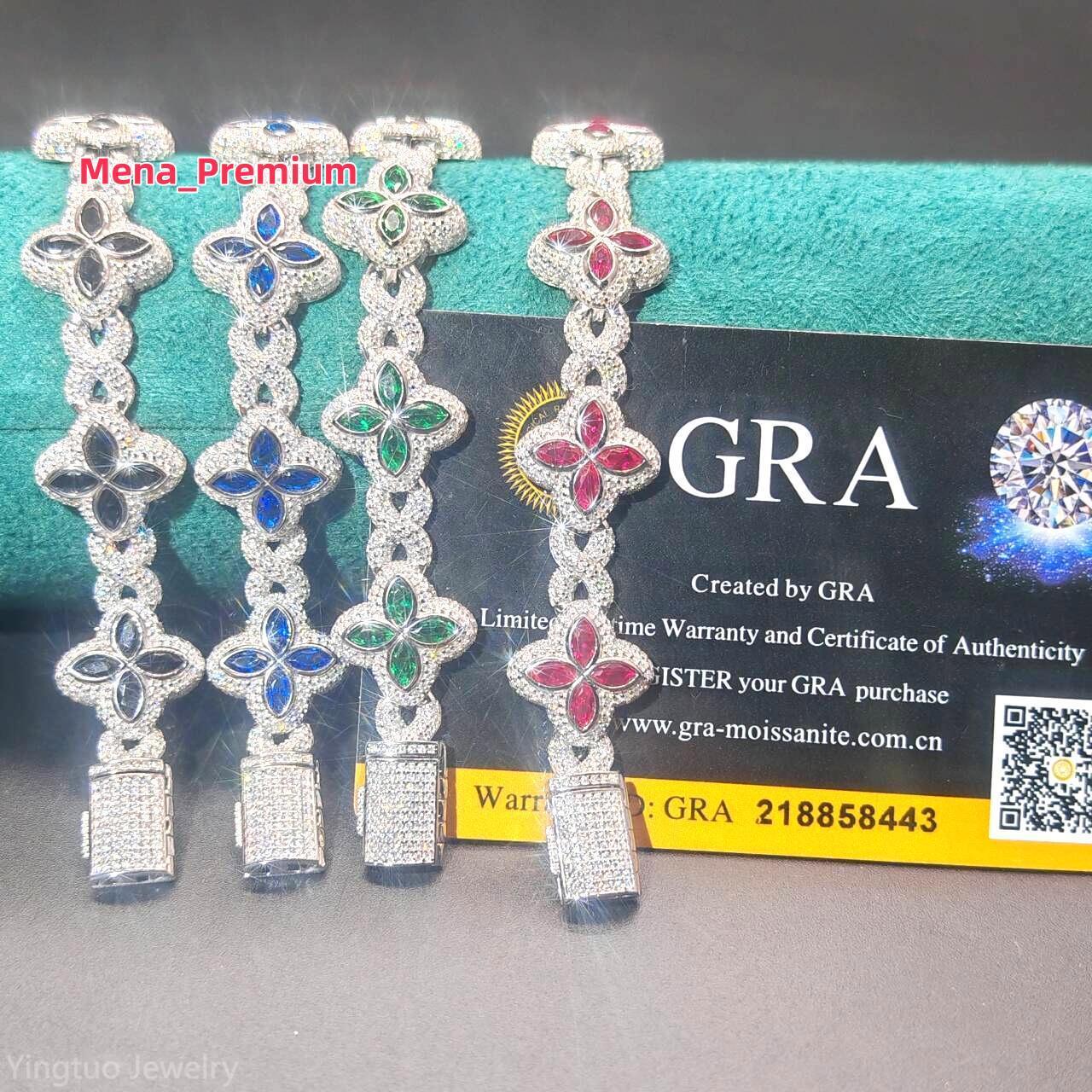 Luxury Hip Hop Jewelry Colorful Moissanite Iced Out S925 Silver Cuban Clover Bracelet