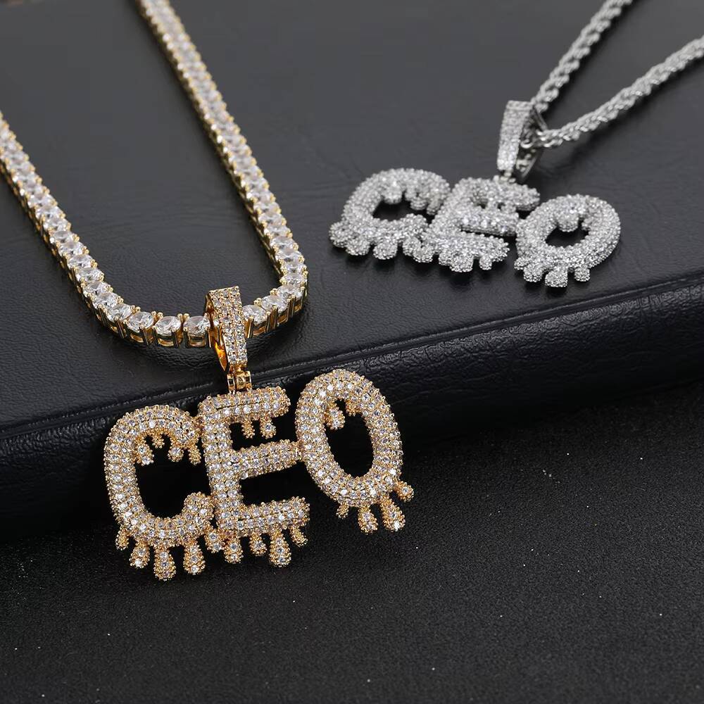 Hip Hop Custom Name Necklace Gold Plated Initial Pendant Water Drop Design Bubble Letter Jewelry Gift with Moissanite Stones Pendant Customizable