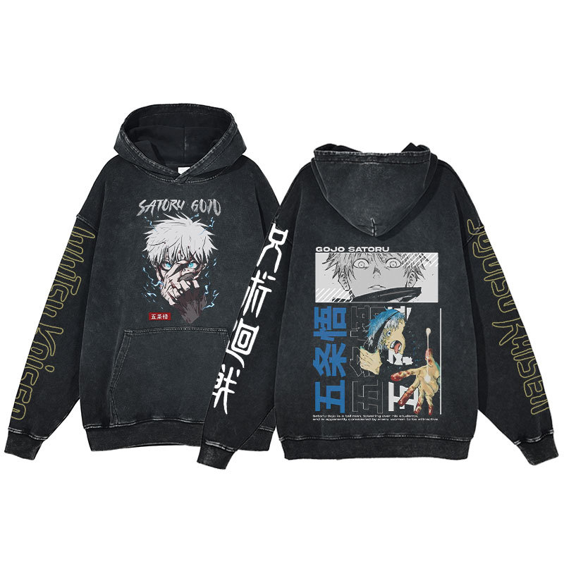 Anime Jujutsu Kaisen Hoodie Gojo Satoru Series Print Harajuku Washed Hooded Sweatshirt Men's - VT2741