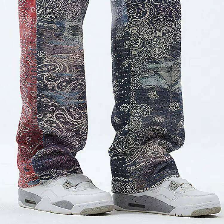 100% Cotton Men's Straight Leg Paisley Print Street Style Elastic Waistband Jeans