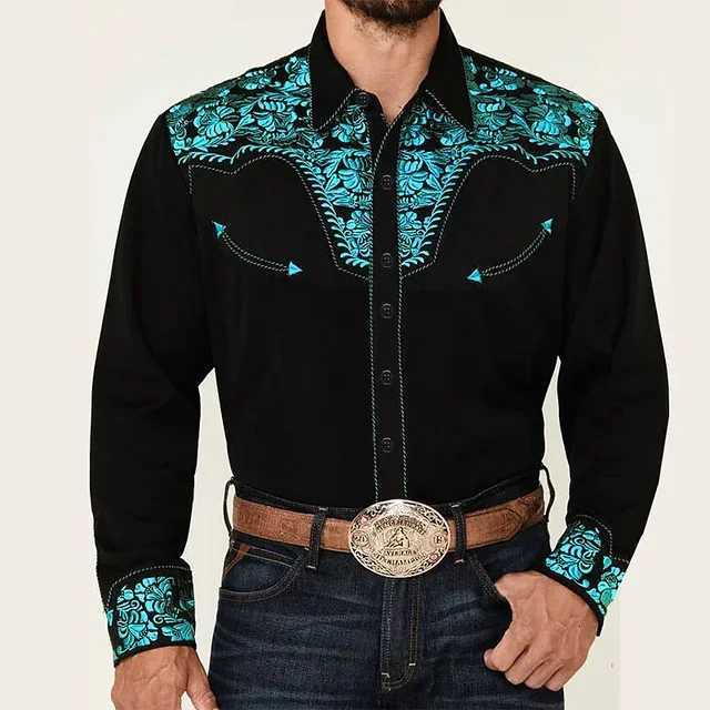 2025 New Mens Shirt Western Shirt Floral Print Lapel Street Long Sleeve Button Clothing Fashion Street Designer Western Style X250903