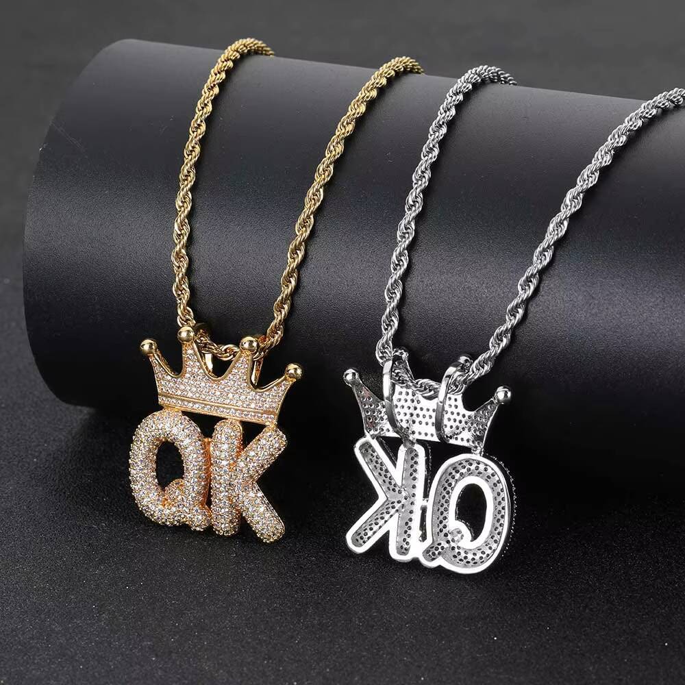 NUOYA Custom Letter Crown Pendant Necklace Gold Plated Hip Hop Moissanite Diamond Inlay Name Jewelry for Women Girls Gift Customizable