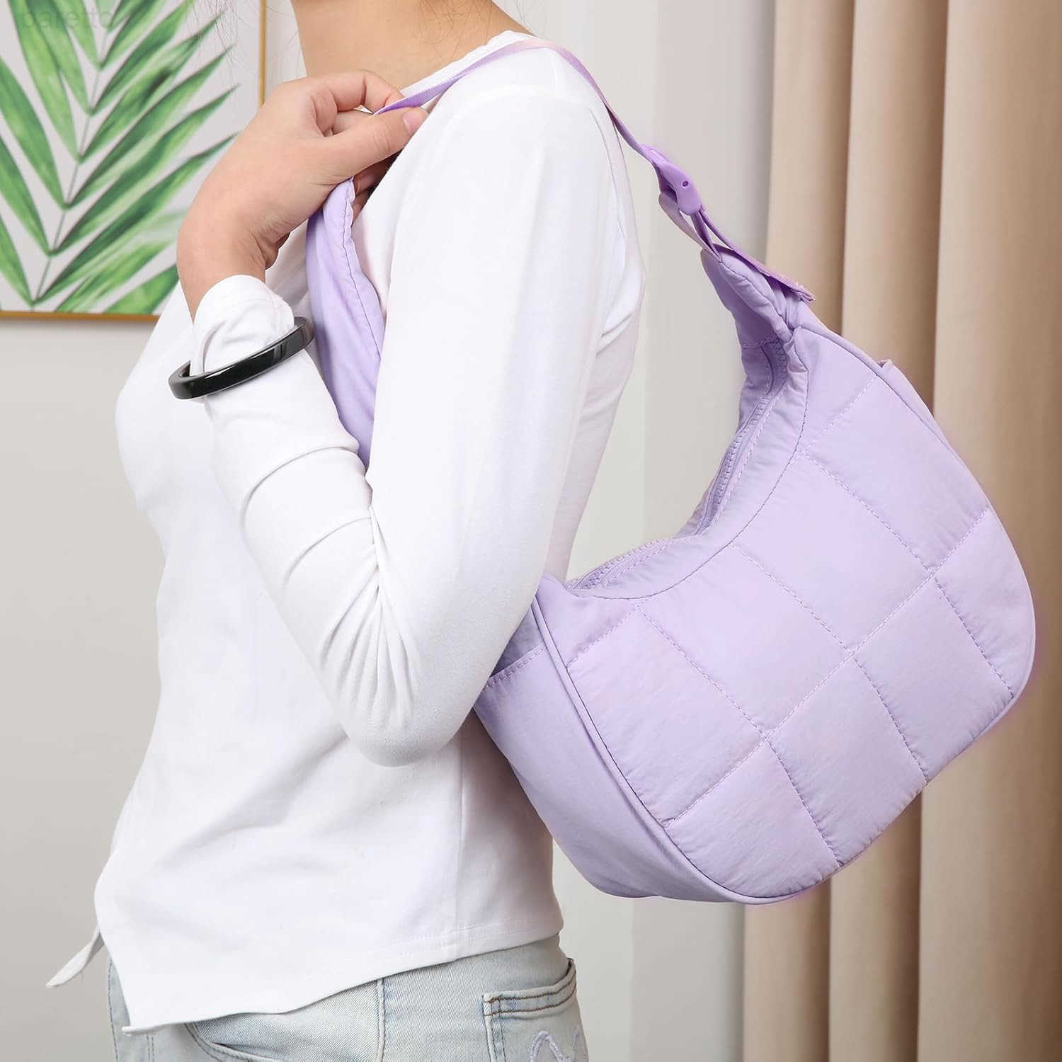 Small Puffer Crescent Underarm Shoulder Bag for Women Nylon Quilted Purses Handbags with Adjustable Strap M250903