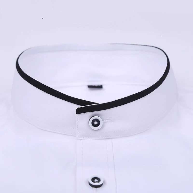 Mens stand up collar shirt classic round neck slim fit vertical collar long sleeved white shirt X250903